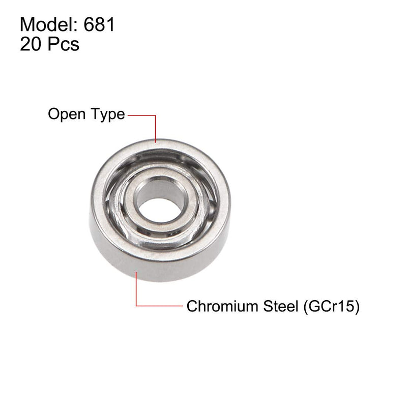 uxcell 681 Deep Groove Ball Bearings 1mm Inner Dia 3mm OD 1mm Bore Open Type Chrome Steel Z2 20pcs