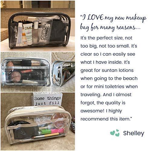 Clear Makeup and Brush Bag / Long Cosmetic Organizer Pouch for Travel, Gym or Home / Vegan Leather Piping and 2 Interior Pockets with Zipper / Small See Through PVC Plastic and Transparent Design / Hair Product Organizer Silver