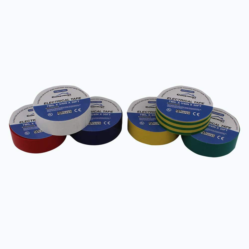 Construct Pro 3/4in x 30ft UL-Listed Electrical Tape, 6 Pack (Multi-Color)