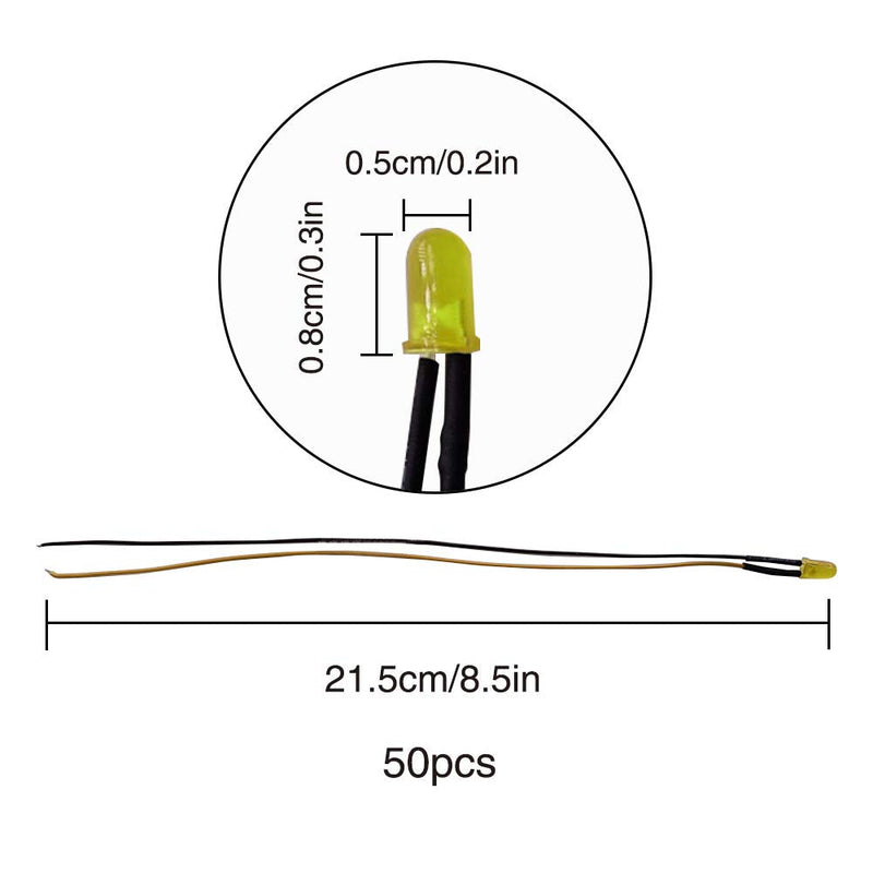 YIXISI 50 pieces pre-wired LED, 12 V 5 mm pre-wired diode light, diffuse emitting light diode multi-color assorted light, 20 cm (yellow) yellow-b-50