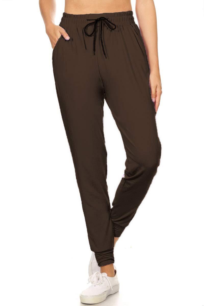 Leggings Depot Women's Printed Solid Activewear Jogger Track Cuff Sweatpants Brown Small