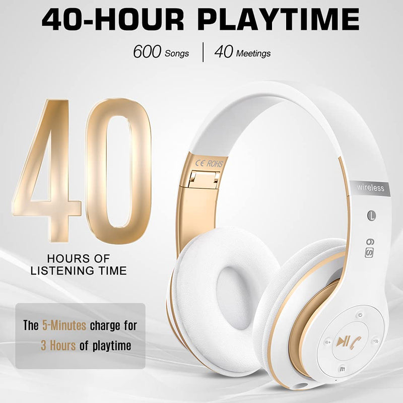 6S Wireless Bluetooth Headphones Over Ear, Hi-Fi Stereo Foldable Wireless Stereo Headsets Earbuds with Built-in Mic, Volume Control, FM for iPhone/Samsung/iPad/PC (White & Gold) White &Gold
