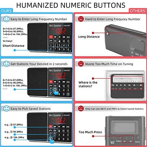 PRUNUS J-288 AM FM Bluetooth Radio, J-328 Small Portable Pocket Battery Operated Radio