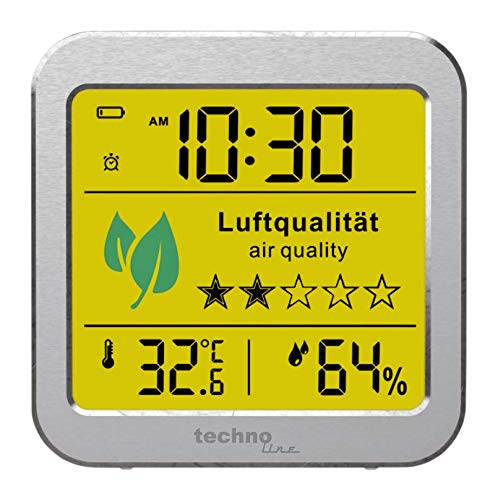 technoline WL1020 air quality monitor for monitoring indoor air quality, successor to the WL1005, temperature display, humidity display, alarm for poor air quality, silver, white single