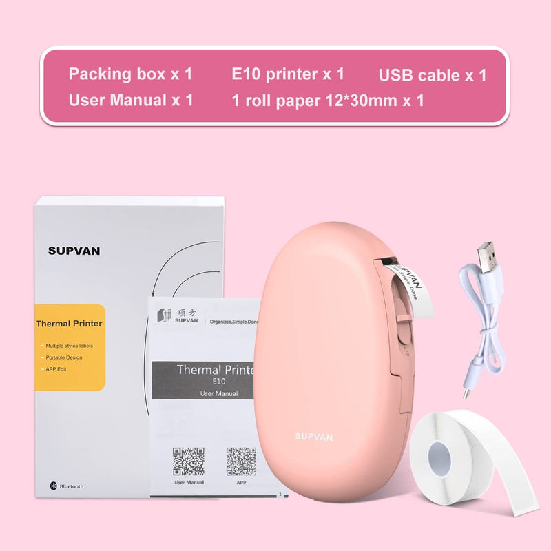 Supvan Bluetooth Label Maker Machine Indoor Outdoor Mini Pocket Smartphone Inkless Handheld Sticker Mini Labeler Multiple Templates Available Rechargeable Compatible with iOS&Android E10 Pink