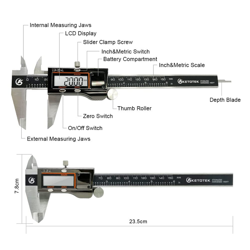 KETOTEK Digital Caliper Measuring Tool, IP54 Waterproof Stainless Steel Electronic Vernier Caliper 6 Inch/150mm Digital Micrometer with Large LCD Screen IP54 Stainless steel