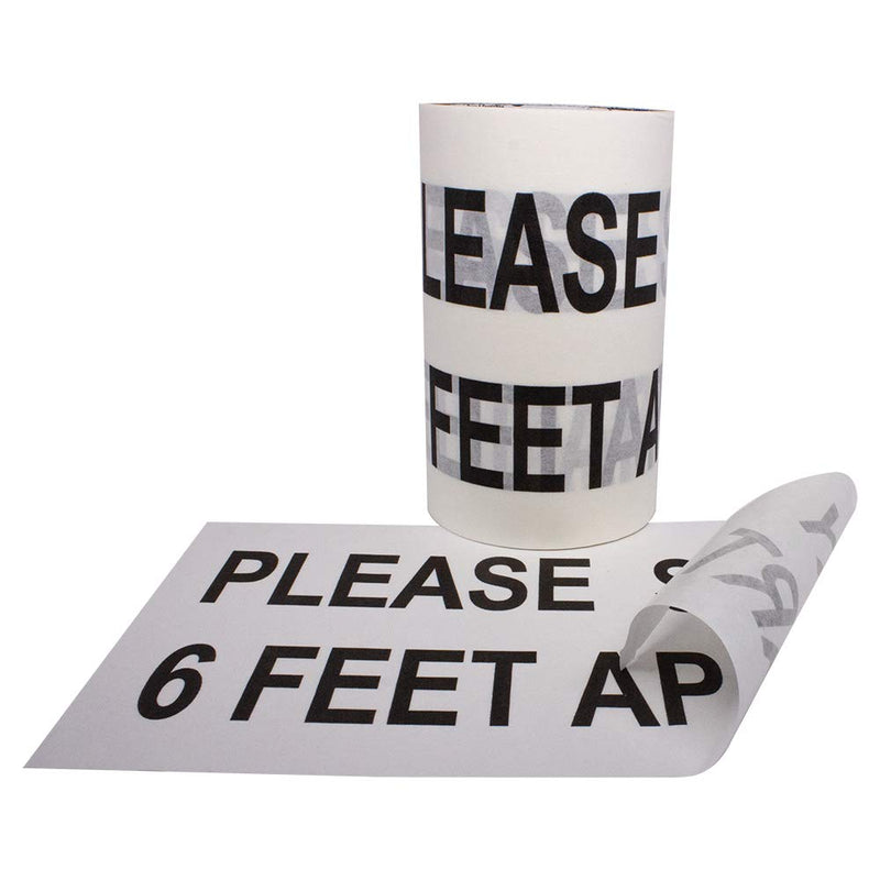 Pro 4000 Printed"Please Stay 6 Feet Apart" Tape, White Translucent Printed with Black Ink, Twenty 6"x10" Adhesive Signs Perforated on a 17ft Roll, Model Number: 840178025340