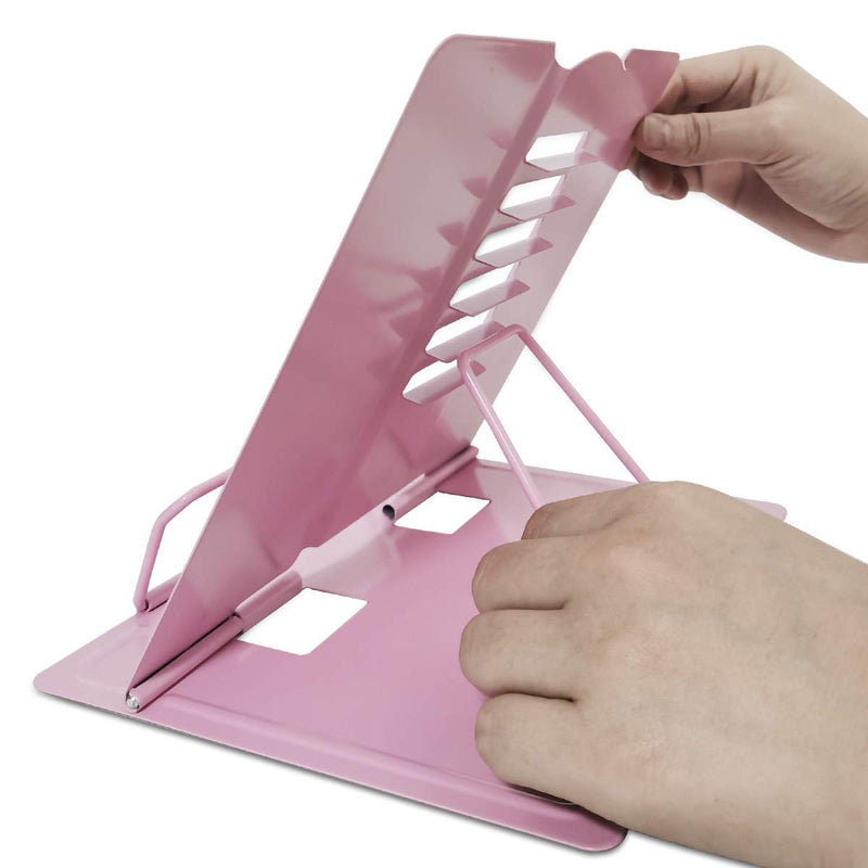 CS COSDDI Book Stand Holder - Portable Metal Desktop Adjustable Foldable Cookbook Holder,Recipe Book Holder,Textbook Stand，Music Stand，Book Stands & Holders for Reading Pink