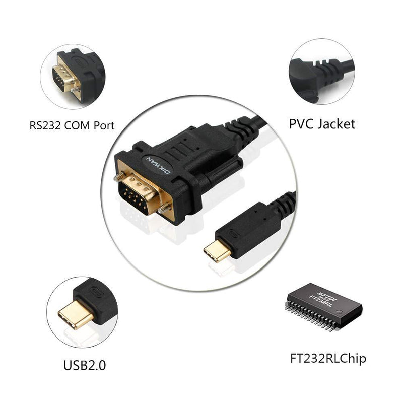 OIKWAN USB-Cto RS232 DB9 Serial Cable Male Converter Adapter with FTDI Chipset for Windows 10, 8.1, 8, 7, Vista, XP, 2000, Linux and Mac OS X 10.6 (10ft)… 10FT USB C to DB9