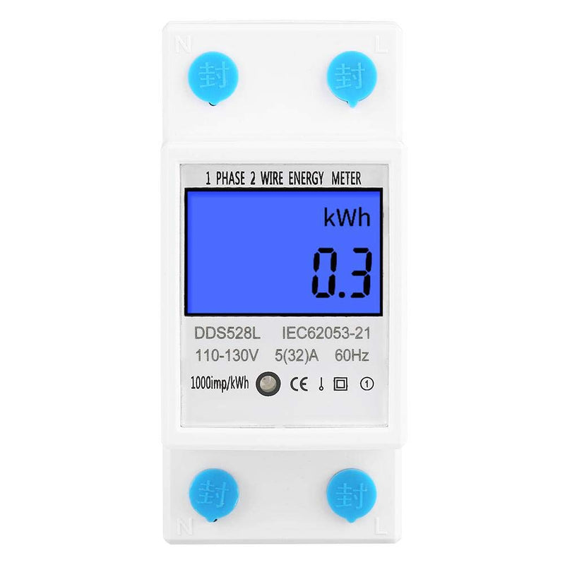 Digital Energy Meter, 5-32A 110-130V 60Hz LCD Backlight Single Phase Energy KWh Meter 35mm DIN Rail Mounting with Buckle & Seal Cap