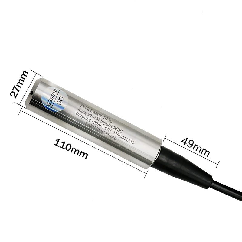 4-20MA Output Integral Level Transmitter Liquid Oil Water Level Sensor Probe 304 Stainless Steel with 0-5M Measure Range 6M Cable Detect Controller Float Switch for Pump DC10-30V Power Supply