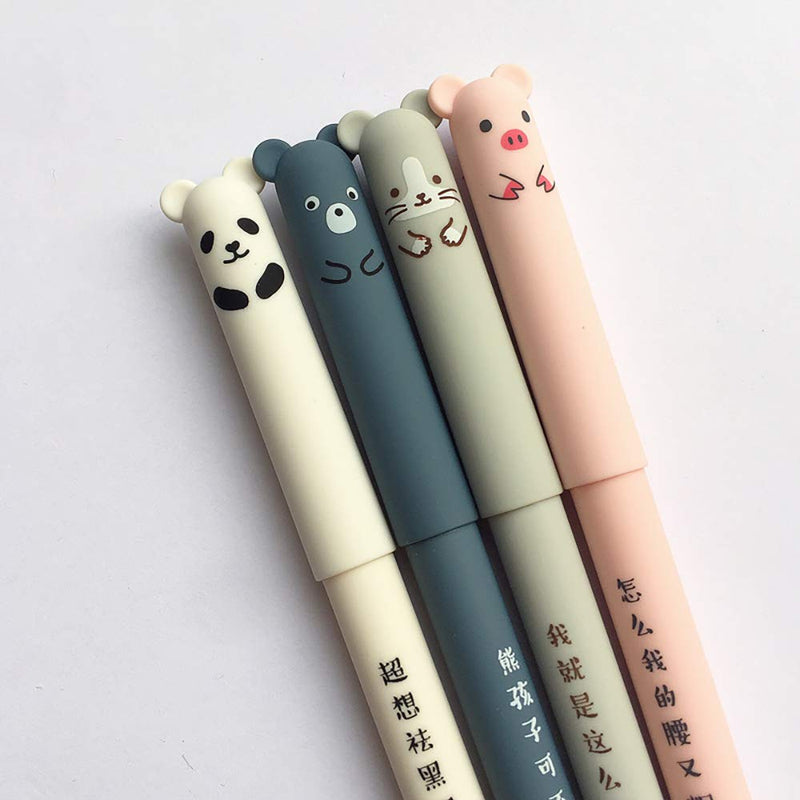 4pcs 0.5mm Erasable Gel Pens, Doraking Cute Cartoon Animasl Refillable Gel Ink Pens, Black Grey Ink Pen for Writing Note with Box (4 Animals) 4 Animals