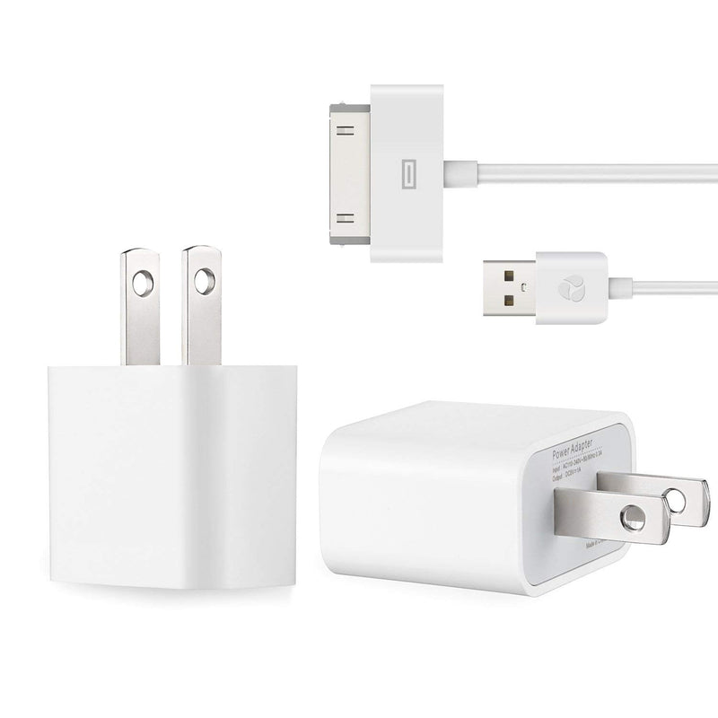 ESK (TM) Certified 6 Feet 30 Pin USB Charging Cable with 5W USB Power Adapter for for iPhone 4/4s, iPhone 3G/3GS, iPad 1/2/3, iPod touch 1/2/3/4 (2 Pack) White