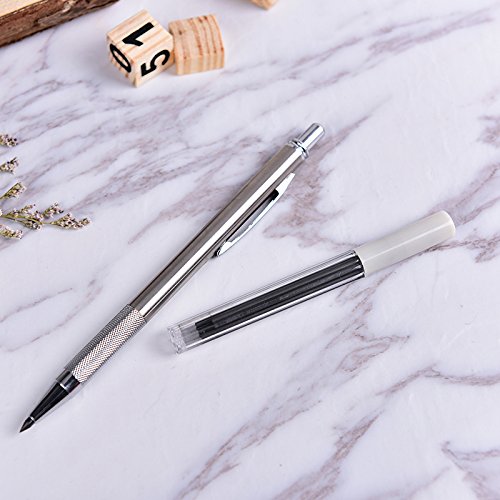 WarmShine 3 PCS 3.0mm Metal Mechanical Drafting Pencil 3.0 Lead Holder Automatic Draughting Mechanical Drafting Pencil + 12 Leads(Silver)