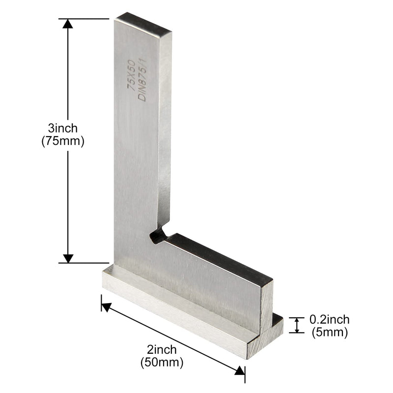 Precision Machinist Square 3 Inch Engineer Square 90 Degree Right Angle Ruler Ground Hardened Steel with Seat 3 x 2 Inch 75x50mm(3x2 inch)