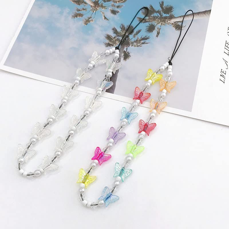 1-2 PCS Natural Stone Cell Phone Lanyard Strap Charms- Handmade Colorful Beaded Butterfly Charms for Women Girl, Rainbow Keychain white