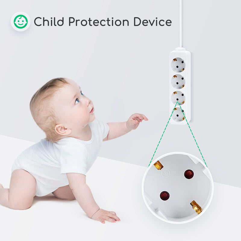 Aigostar power strip 4-way table socket child safety lock 1'5m cable, white