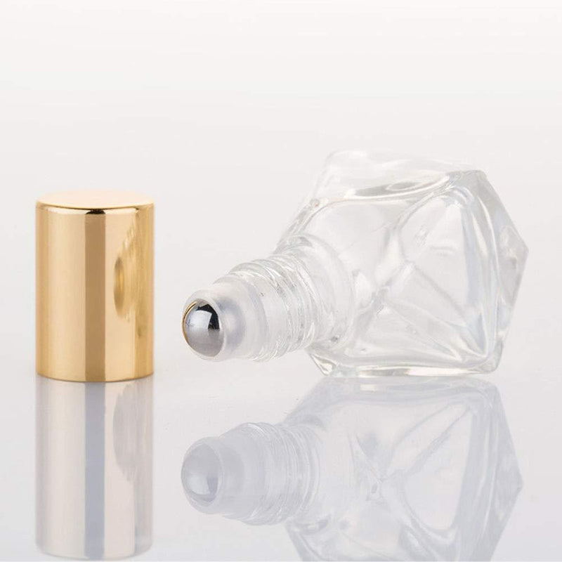 6Pcs 5ml (1/6 oz) DIY Travel Essential Oil Roller Bottle Polygonal Clear Glass Cosmetic Contaners Vials for Essential Oils Perfumes Aromatherapy, 1pc Funnel and Dropper, Roll on Bottles with Gold Cap