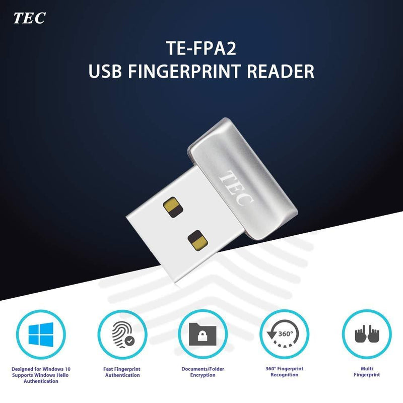 TEC Mini USB Fingerprint Reader for Windows 10 Hello, TEC TE-FPA2 Bio-Metric Fingerprint Scanner PC Dongle for Password-Free and File Encryption, 360Â° Touch Speedy Matching Security Key