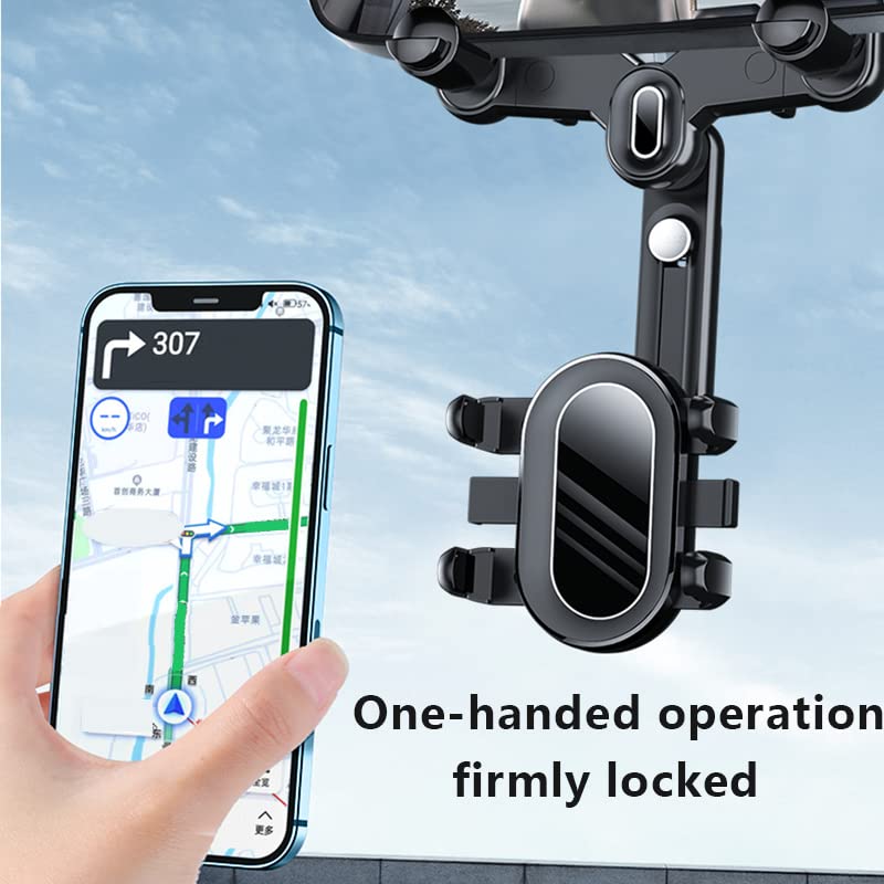 Rearview Mirror Phone Holder for Car,360°Rotatable and Retractable Car Phone Holder Multifunctional Rear View Mirror Phone Holder,Four Corners Fixed Anti-Shake Design,for All Mobile Phones and All Car