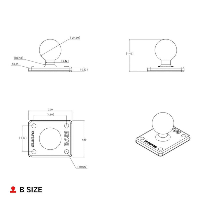 RAM Mounts Ball Adapter with AMPS Plate RAM-B-347U with B Size 1" Ball Standard Packaging