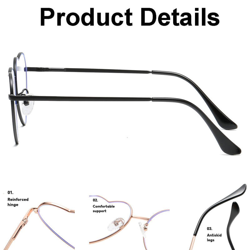 JOVAKIT Heart Shaped Blue Light Blocking Glasses for Women Fashion Vintage Lovely Style Metal Frame Eyeglasses 04 Black 54 Millimeters