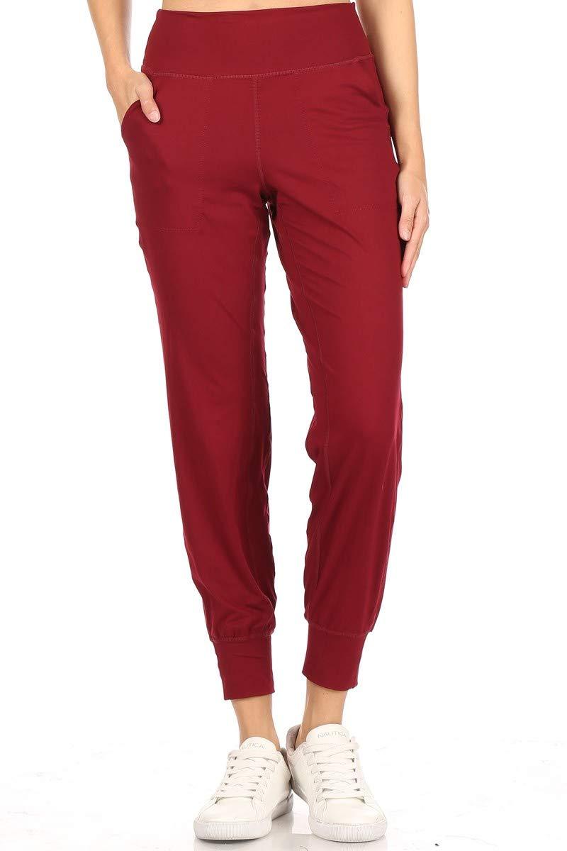 Leggings Depot Women's Printed Solid Activewear Jogger Track Cuff Sweatpants Activeflex Slim-fit Jogger-burgundy Small