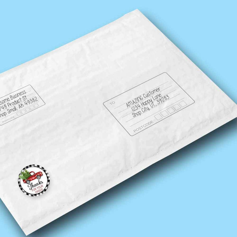 Black Buffalo Plaid & Red Truck Christmas Thank You Customer Appreciation Sticker Labels for Small Businesses, 60 1.5" Circle Stickers by AmandaCreation, for Envelopes, Postcards, Direct Mail, More!
