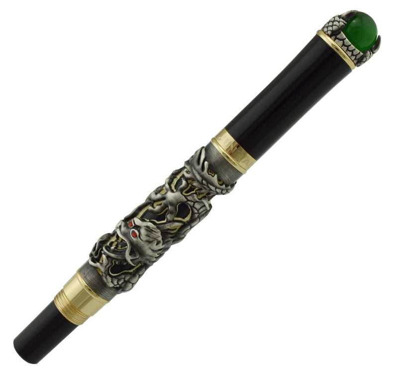 Jinhao Gray Dragon Playing Pearl Roller Ball Pen with Jewelry on Top with Pen Pouch for Journal Writing，Travel Diary