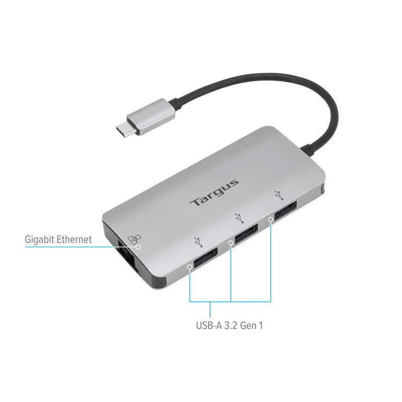 Targus USB-C Ethernet Adapter with 3X USB-A Ports, Gray (ACA959USZ)