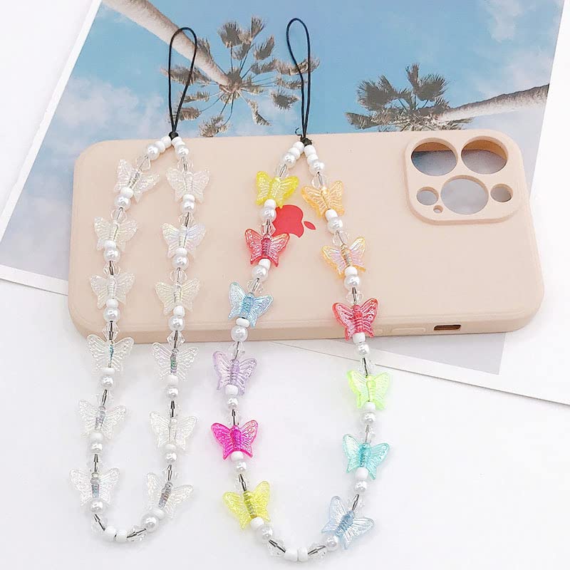 1-2 PCS Natural Stone Cell Phone Lanyard Strap Charms- Handmade Colorful Beaded Butterfly Charms for Women Girl, Rainbow Keychain white