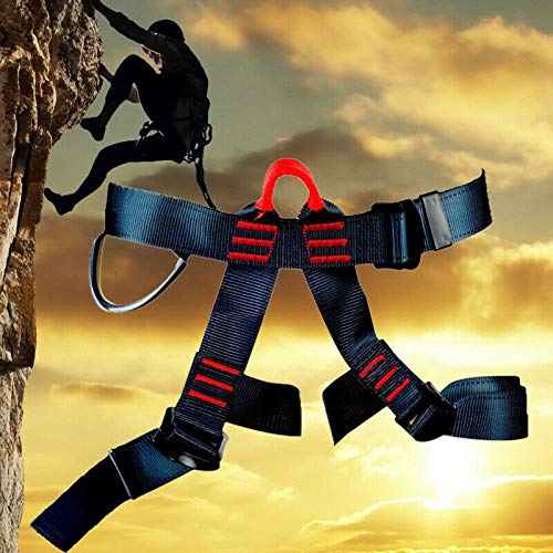 Rock Climbing Harness with Lanyard - Safety Belt Fall Protection - Tree Climbing, Outdoor Activities, Training - Premium Quality Durable Material - Adjustable Sliding Back D-Ring - Slotted Buckles