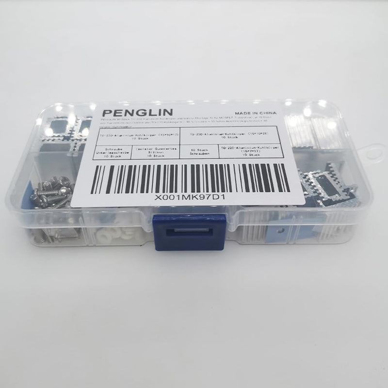 PENGLIN 30pcs TO-220 Aluminum Heatsink and Insulator/Mounting Kit for MOSFET Transistors, 10pcs each of 3 different sizes of TO-220 heatsinks