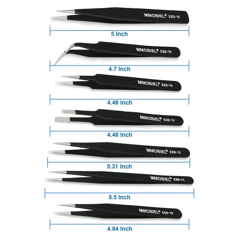 MMOBIEL 7x Precision Tweezers Set - Anti-Static Stainless Steel ESD Tweezers - For Electronics, Laboratory Work, Jewelry, Craft, Soldering and more