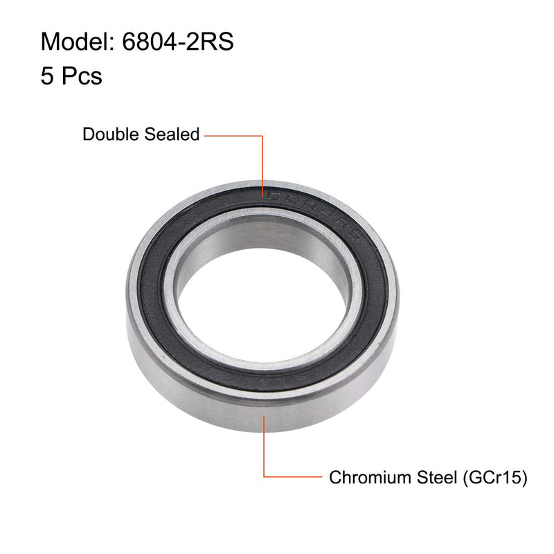 uxcell 6804-2RS Deep Groove Ball Bearings 20mm x 32mm x 7mm Double Sealed Chrome Steel P6(ABEC3) 5pcs
