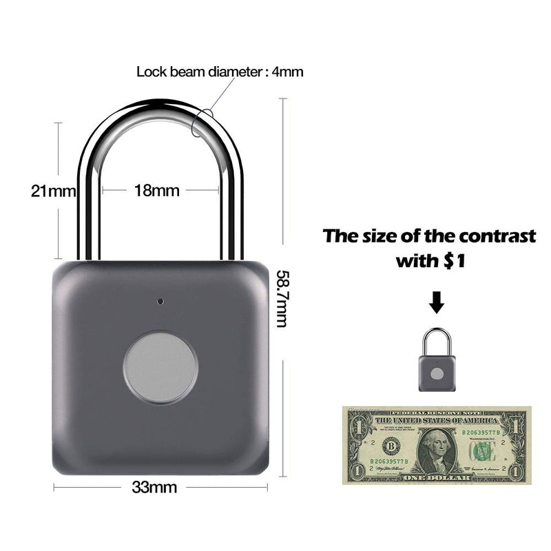 Pothunder Fingerprint Padlock, Smart Padlock, Locker Lock, Biometric Metal Keyless Thumbprint Lock, Waterproof, USB Rechargeable, for Gym Locker, School Locker, Luggage, Backpack, Suitcase(Gray) Gray