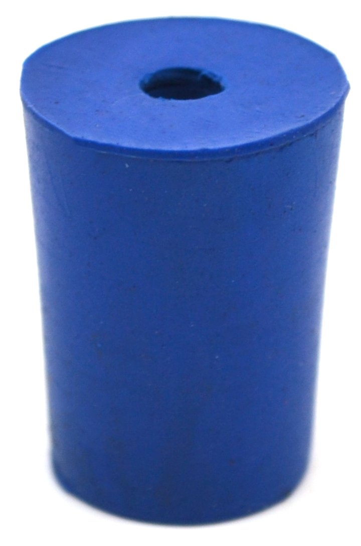 10PK Neoprene Stoppers, 1 Hole - Blue - Size: 15mm Bottom, 18mm Top, 24mm Length - Suitable for use with Petroleum, Oils, Inorganic Acids and Bases - Eisco Labs