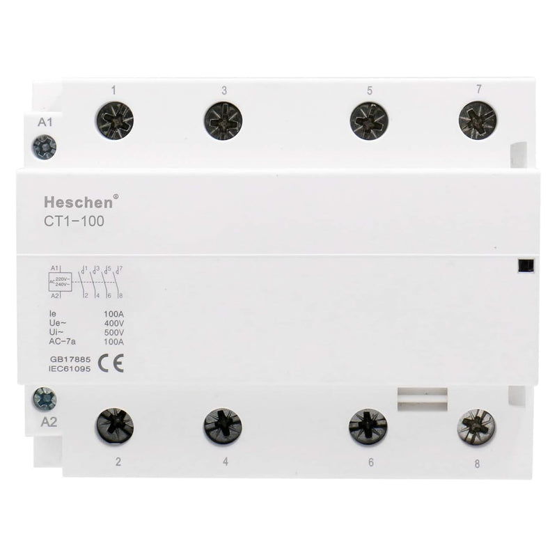 Heschen household AC contactor CT1-100 4 pin four normally open, AC 220V/240V coil voltage, 35mm DIN rail mounting