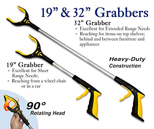 2-Pack 32 Inch and 19 Inch Grabber Reacher with Rotating Jaw - Mobility Aid Reaching Assist Tool