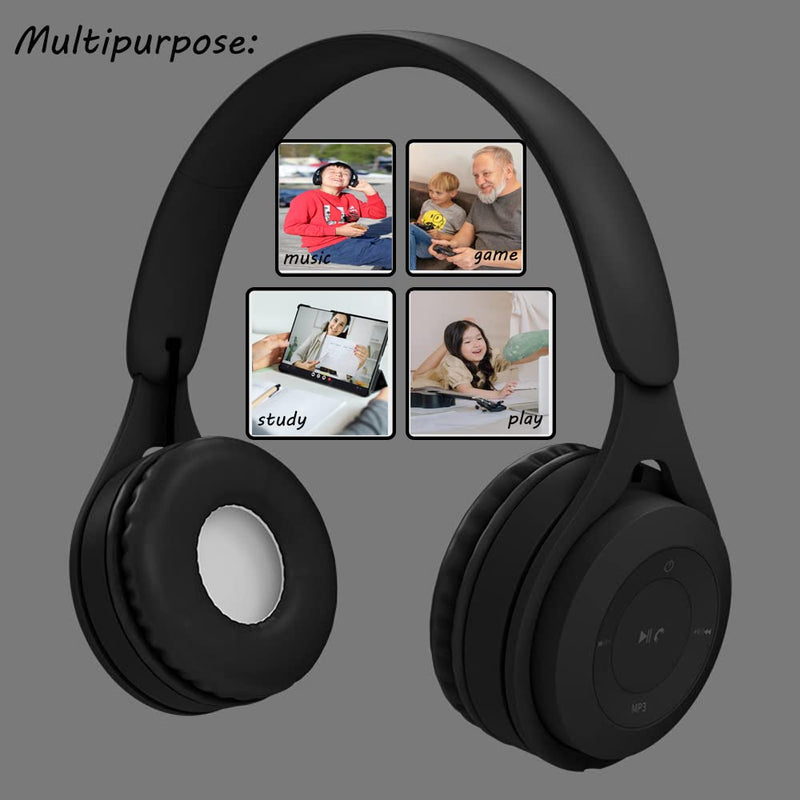 Kids Bluetooth Headphones, Over-Ear Wireless Bluetooth 5.0 Headset, Comfortable Protein Earpads and Folding Storage,HiFi Music Player with Microphone Bluetooth Wireless Headset (Black) Black