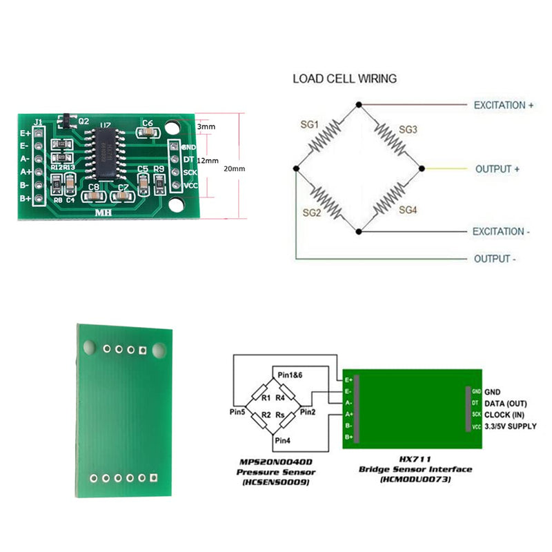 4 Sets Digital Load Cell Weight Sensor + HX711 ADC Module Weighing Sensor for Arduino DIY Portable Electronic Kitchen Scale Kit (20kg) 20kg