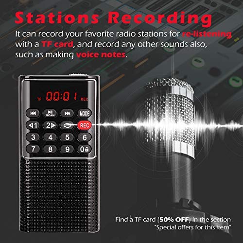 Mini Pocket FM Walkman Radio Portable Battery Radio with Recorder, Lock Key, SD Card Player, Rechargeable Battery Operated, by PRUNUS(NO AM) Black
