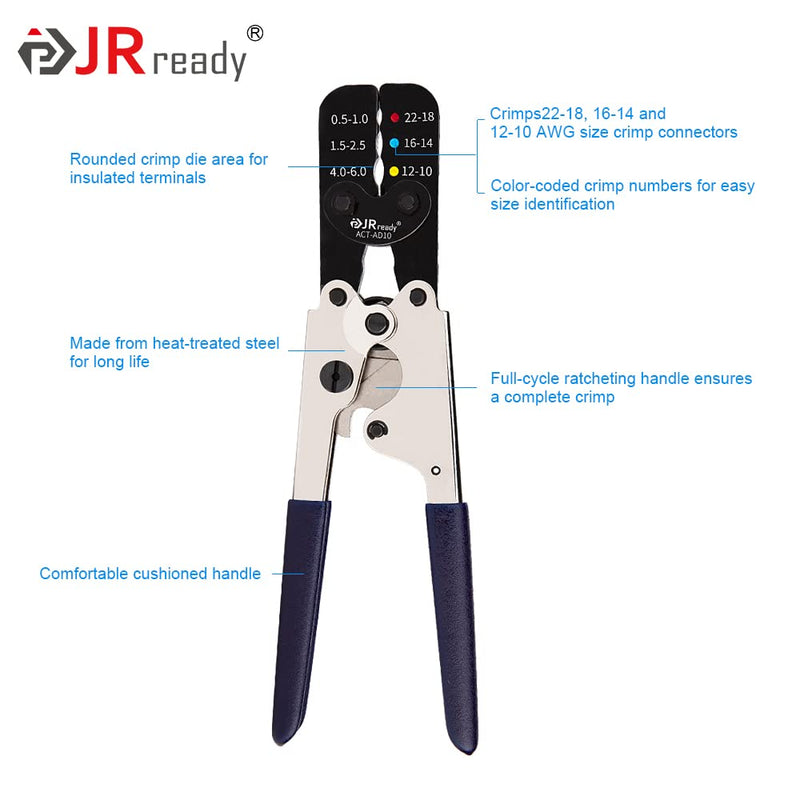 JRready heat shrink Crimping Tool Kit, Ratcheting wire crimper for Insulated Terminals and butt splices in Wire 22-18, 16-14, 12-10AWG. Hand Crimping Pliers ACT-AD10 ACT-AD10 Crimper