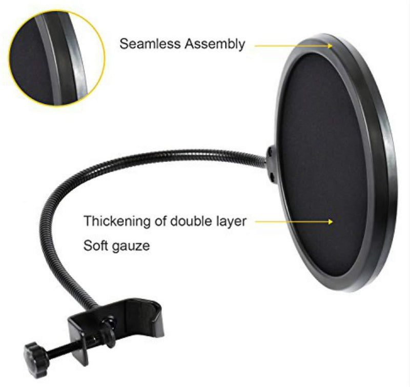 Microphone Pop Filter For Blue Yeti and Any Other Microphone Dual Layered Wind Pop Screen With Flexible 360° Gooseneck Clip Stabilizing Arm By Earamble