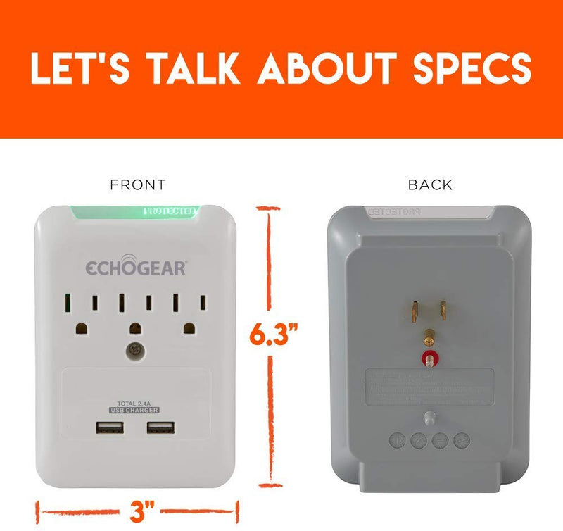 ECHOGEAR Low Profile Surge Protector with 3 AC Outlets & 2 USB Ports â€“ 540 Joules of Surge Protection - Installs Over Existing Outlets to Protect Your Gear & Increase Outlet Capacity Single