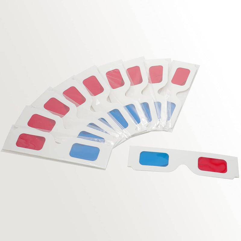 10 Pairs 3D Paper Glasses, Red and Cyan Lens in White Frame Anaglyph Cardboard for Movies - Folded in Protective Sleeve