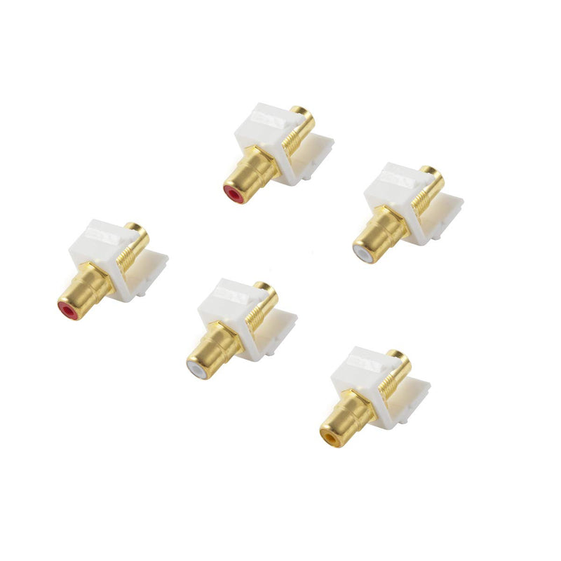 TENINYU 5-Pack RCA Keystone Jack Insert Connector Socket Female Snap in Adapter Port Gold Plated Inline Coupler for Wall Plate Outlet Panel Mount (White)