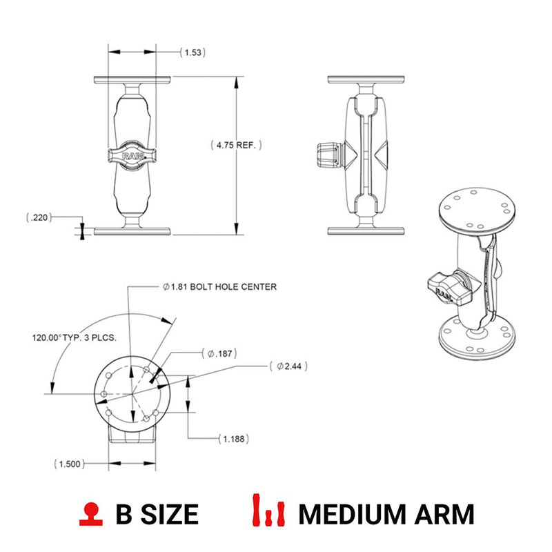 Ram Mounts RAM-B-101U 1-Inch Diameter Ball Mount with 2/2.5-Inch Round Base Medium Arm
