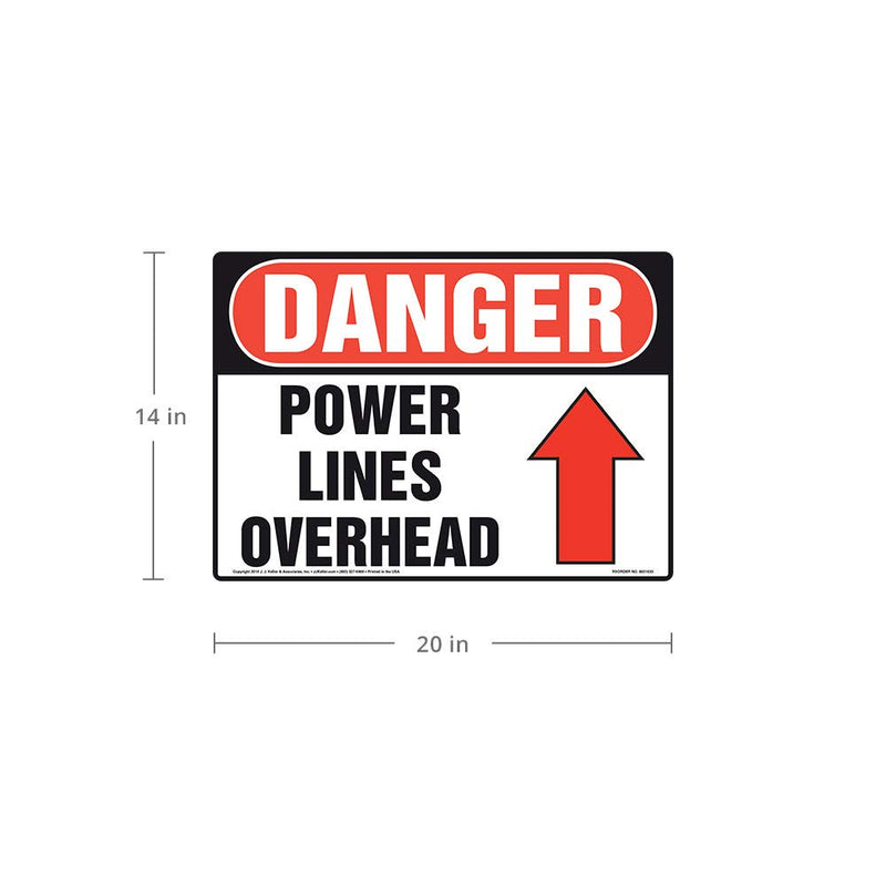 Danger: Power Lines Overhead Sign - J. J. Keller & Associates - 20" x 14" Aluminum with Rounded Corners for Indoor/Outdoor Use - Complies with OSHA 29 CFR 1910.145 and 1926.200