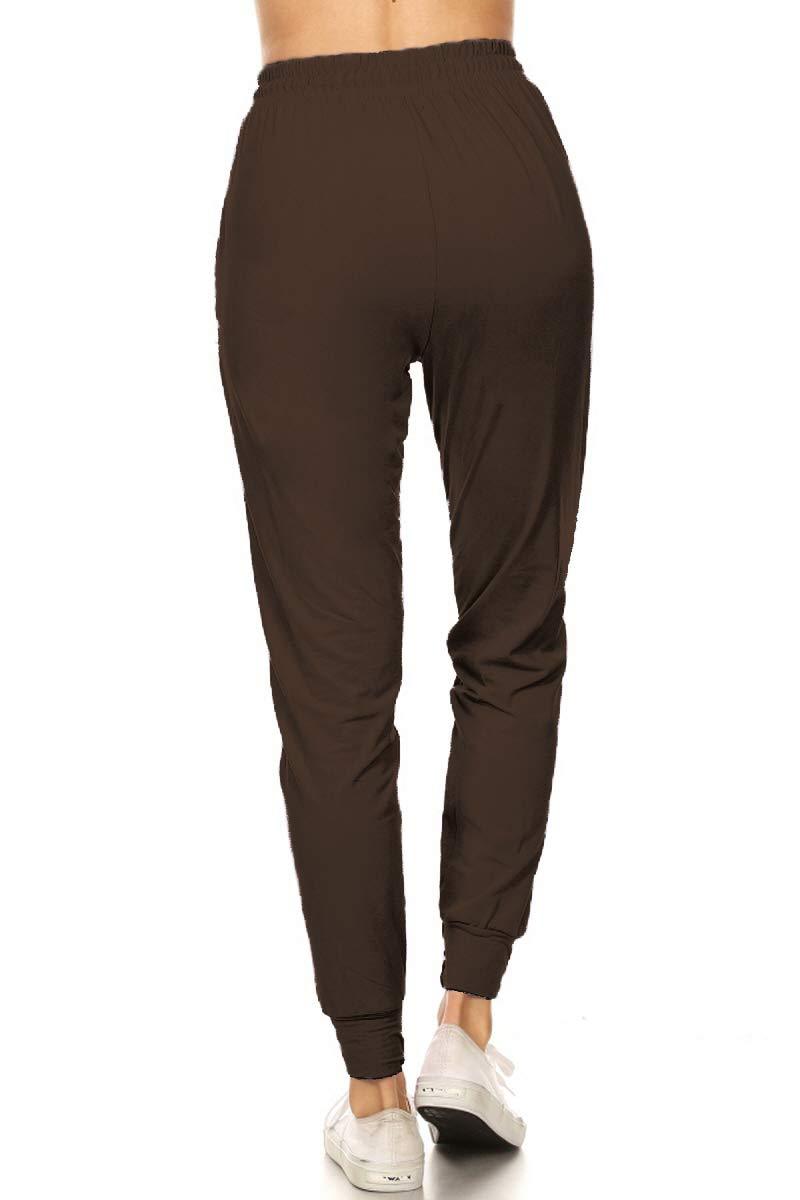 Leggings Depot Women's Printed Solid Activewear Jogger Track Cuff Sweatpants Brown Small